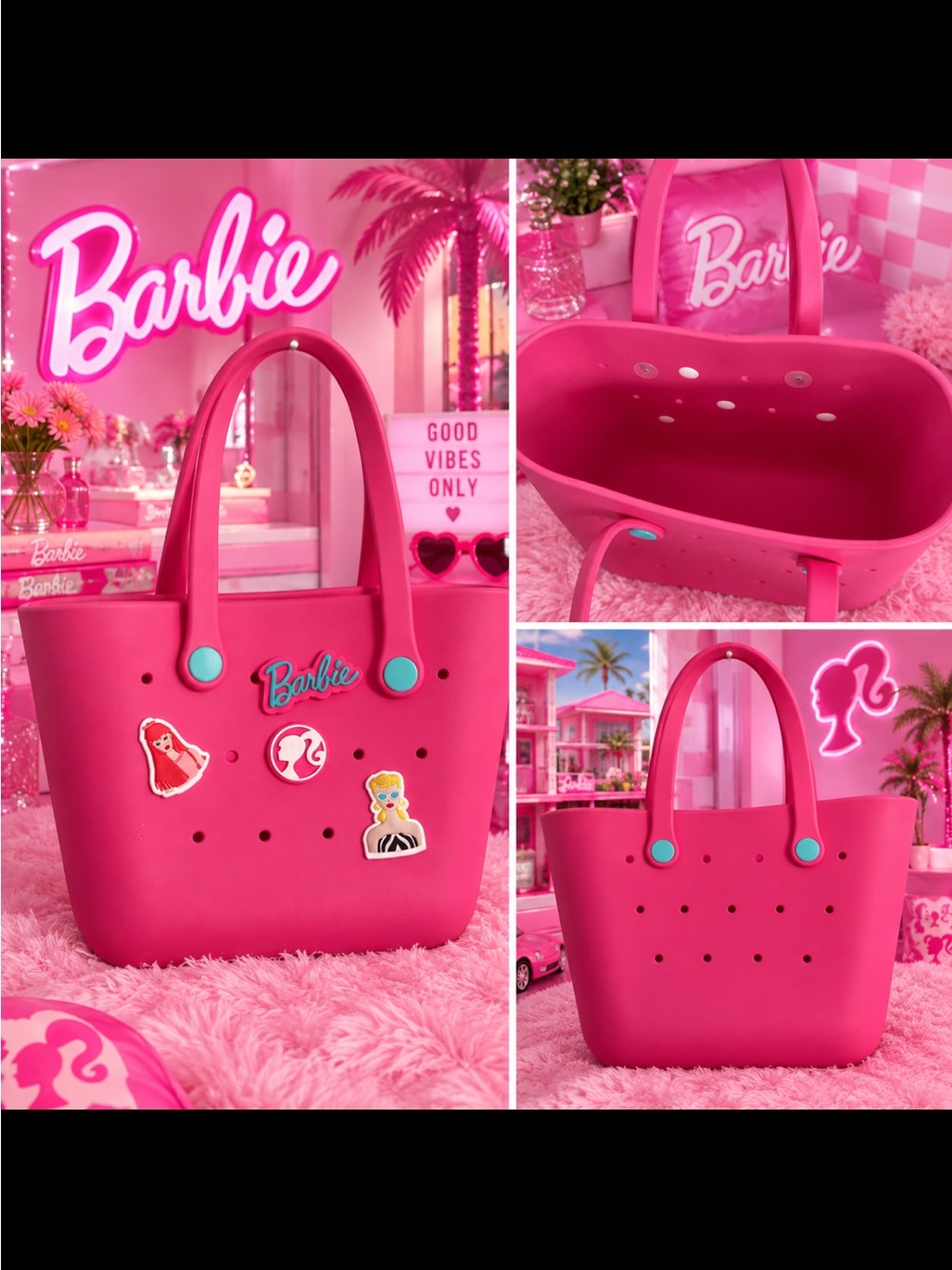 Barbie Bright Pink Tote with Teal Button Accents